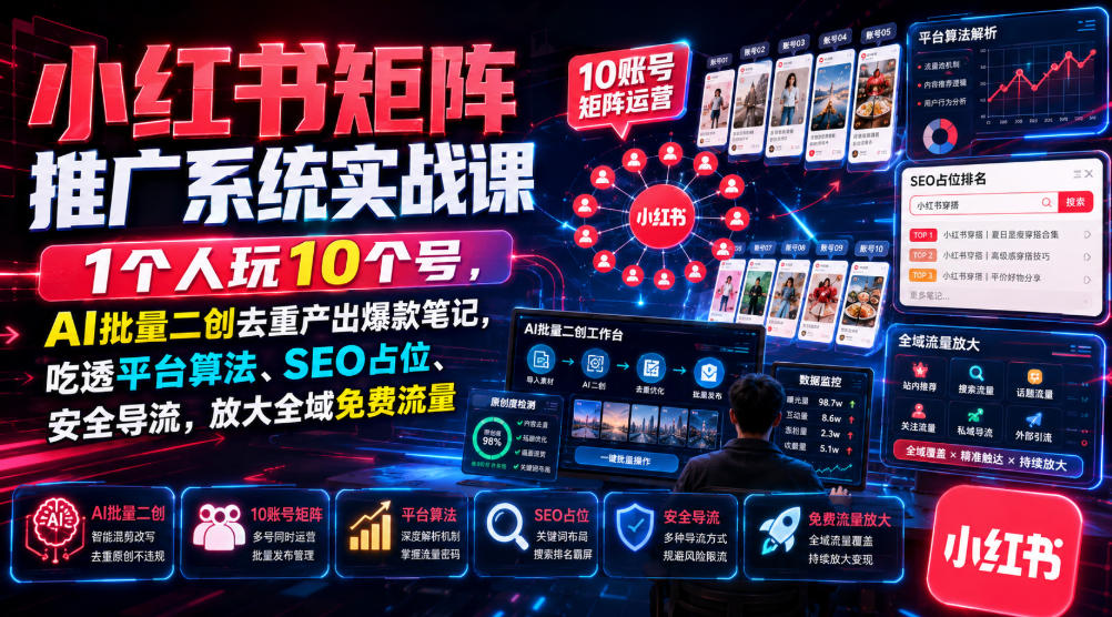 小红书矩阵推广系统实战课｜1个人玩10个号，AI批量二创去重产出爆款笔记，吃透平台算法、SEO占位、安全导流，放大全域免费流量-卿云社