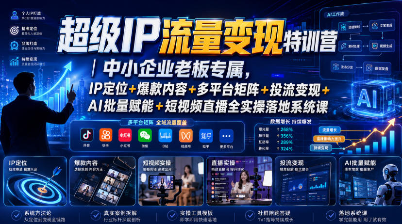 超级IP流量变现特训营|中小企业老板专属,IP定位+爆款内容+多平台矩阵+投流变现+AI批量赋能+短视频直播全实操落地系统课-卿云社