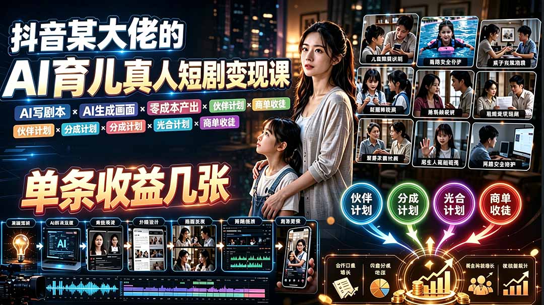 AI育儿真人短剧变现课：AI写剧本×AI生成画面×零成本产出×伙伴计划×分成计划×光合计划×商单收徒-卿云社