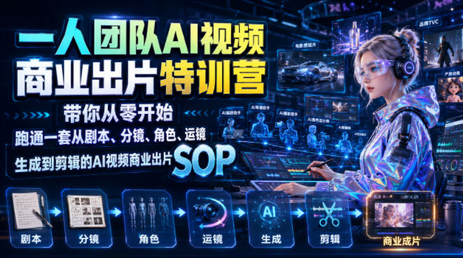 一人团队AI视频商业出片实战课：带你从零开始跑通一套从剧本、分镜、角色、运镜、生成到剪辑的AI视频商业出片SOP-卿云社
