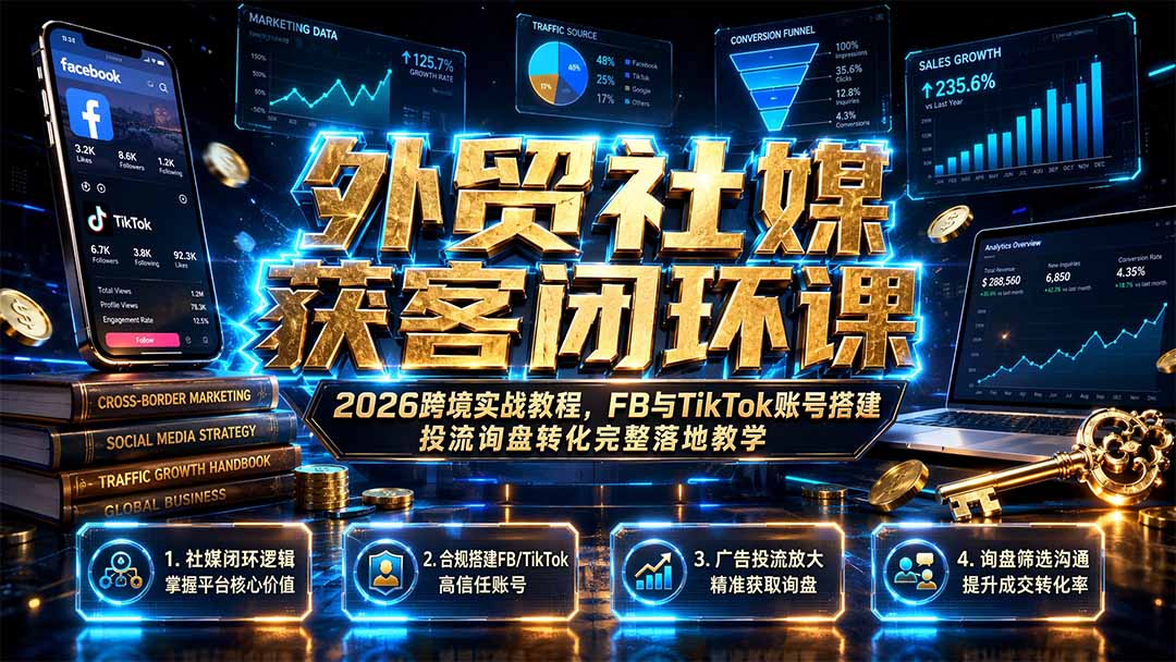 外贸社媒获客闭环课｜2026跨境实战教程，FB与TikTok账号搭建投流询盘转化完整落地教学-卿云社
