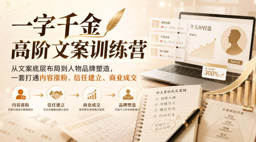 一字千金高阶文案训练营，从文案底层布局到人物品牌塑造，一套打通内容涨粉、信任建立、商业成交-卿云社