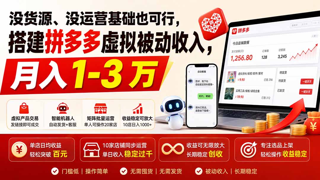 没货源、没运营基础也可行,搭建多多虚拟被动收入,月入 1-3 万-卿云社