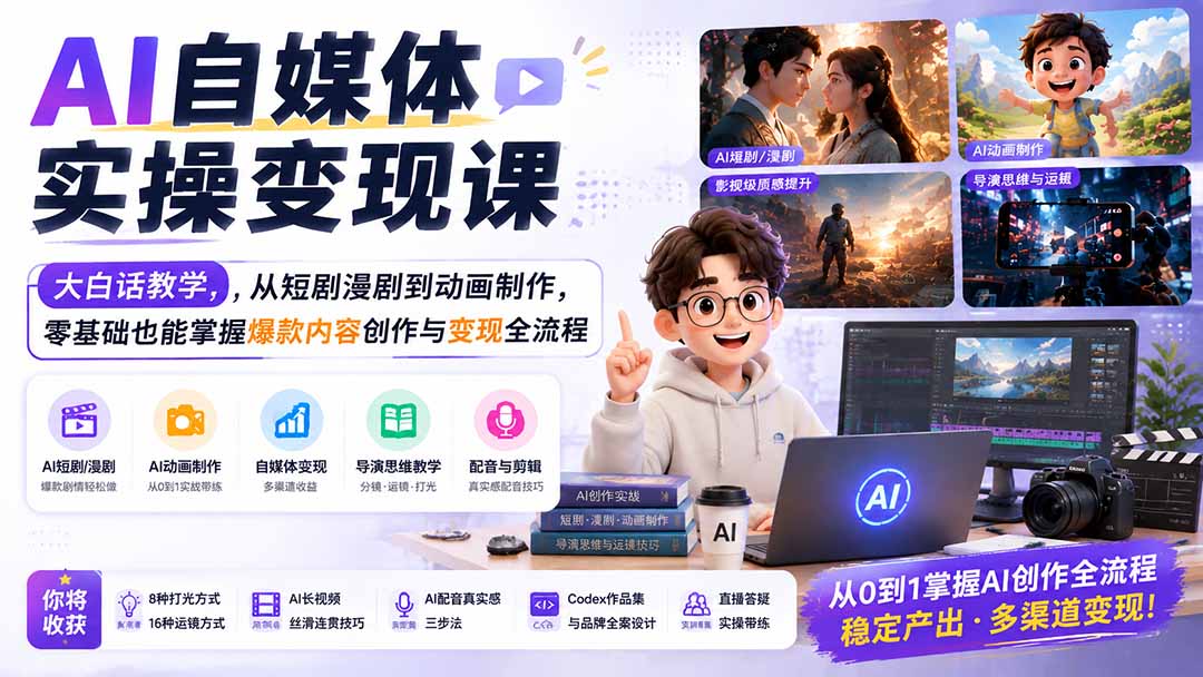 AI自媒体实操变现课｜大白话教学，从短剧漫剧到动画制作，零基础也能掌握爆款内容创作与变现全流程-卿云社