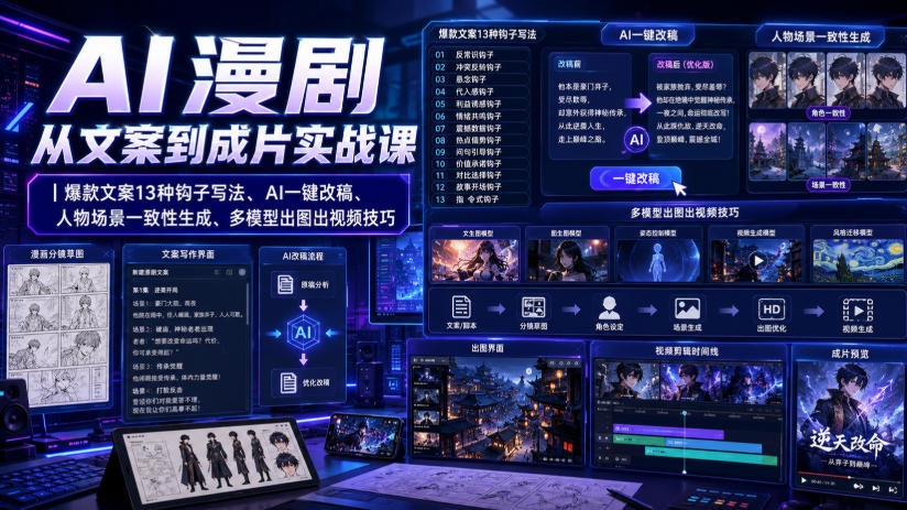 AI漫剧从文案到成片实战课｜爆款文案13种钩子写法、AI一键改稿、人物场景一致性生成、多模型出图出视频技巧-卿云社