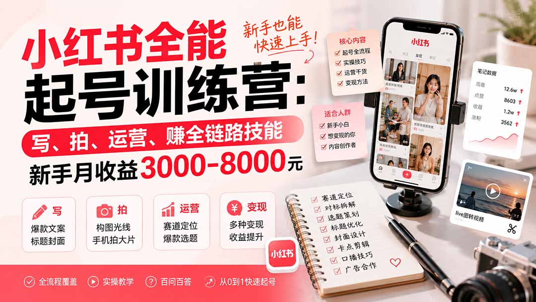 小红书全能起号训练营-更新：写、拍、运营、赚全链路技能，新手月收益3000-8000元-卿云社