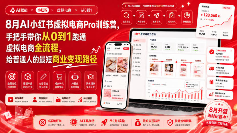 8月AI小红书虚拟电商Pro训练营，手把手带你从0到1跑通虚拟电商全流程，给普通人的最短商业变现路径-卿云社