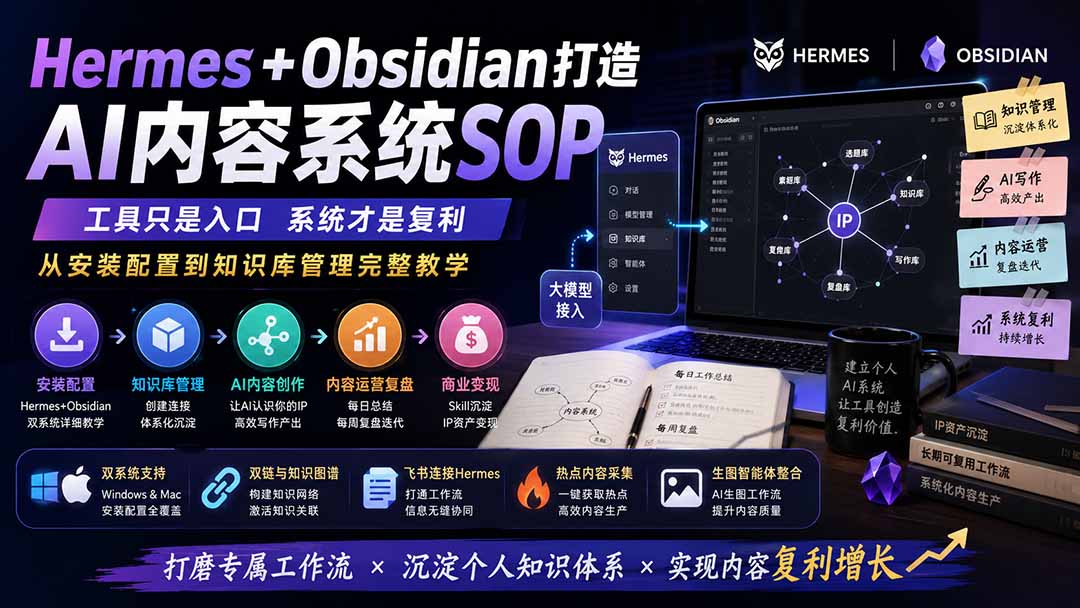 Hermes+Obsidian打造AI内容系统SOP；工具只是入口系统才是复利，从安装配置到知识库管理完整教学-卿云社