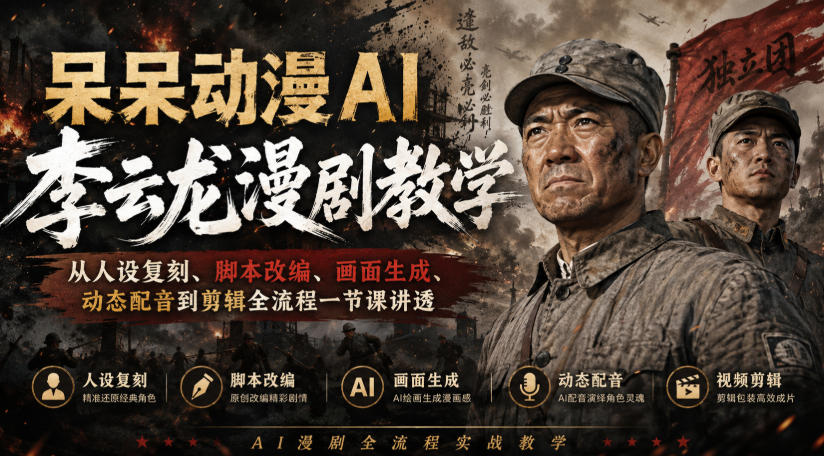 呆呆动漫AI李云龙漫剧教学，从人设复刻、脚本改编、画面生成、动态配音到剪辑全流程一节课讲透-卿云社