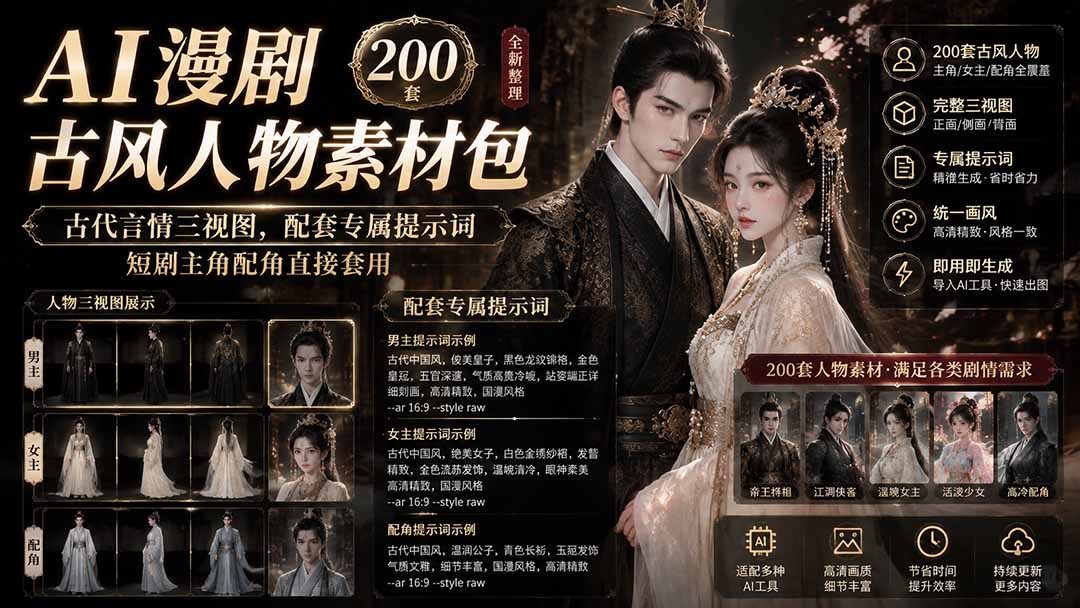 AI漫剧古风人物素材包+提示词|200 套古代言情三视图,配套专属提示词短剧主角配角直接套用-卿云社