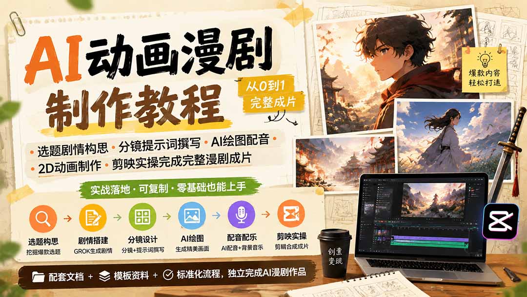 AI动画漫剧制作教程｜选题剧情构思·分镜提示词撰写·AI绘图配音·2D动画制作·剪映实操完成完整漫剧成片-卿云社