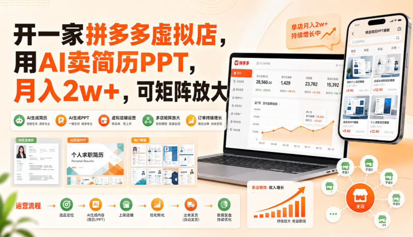 开一家拼多多虚拟店，用AI卖简历PPT，月入2w+，可矩阵放大【揭秘】-卿云社