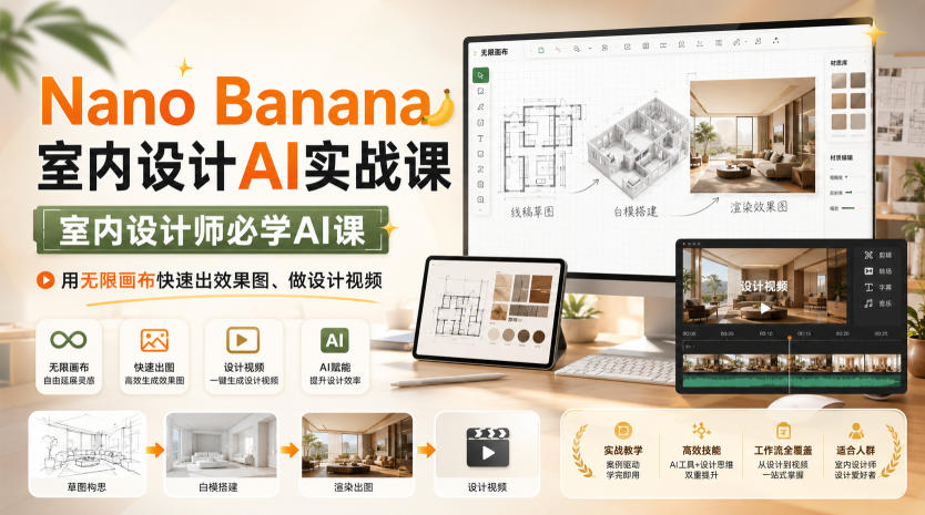 Nano Banana室内设计AI实战课，室内设计师必学AI课，用无限画布快速出效果图、做设计视频-卿云社