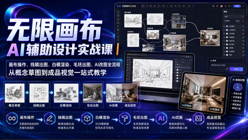 无限画布AI辅助设计实战课｜画布操作、线稿出图、白模渲染、毛坯出图、AI改图全流程，从概念草图到成品视觉一站式教学-卿云社