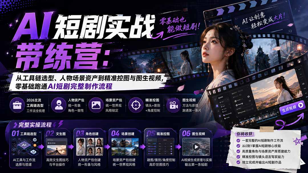 AI短剧实战训练营：从工具链选型、人物场景资产到精准控图与图生视频，零基础跑通AI短剧完整制作流程-卿云社