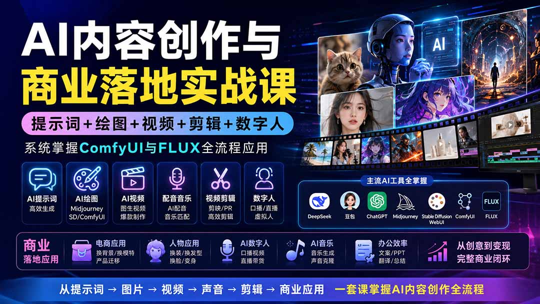 AI内容创作与商业落地实战课：提示词+绘图+视频+剪辑+数字人，系统掌握ComfyUI与FLUX全流程应用-卿云社