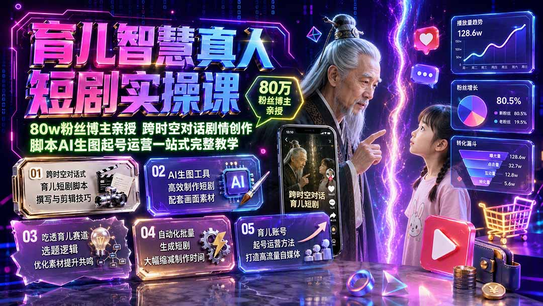 育儿智慧真人短剧实操课｜80w粉丝博主亲授，跨时空对话剧情创作，脚本AI生图起号运营一站式完整教学-卿云社