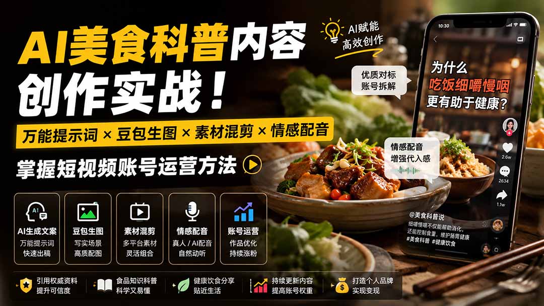 外面卖199元-AI美食科普内容创作实战!万能提示词×豆包生图×素材混剪×情感配音,掌握短视频账号运营方法-卿云社
