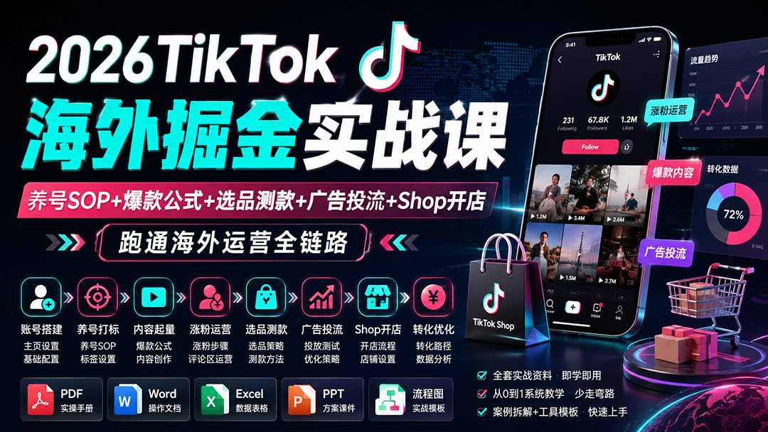 2026TikTok海外掘金实战课——养号SOP+爆款公式+选品测款+广告投流+Shop开店，跑通海外运营全链路-卿云社