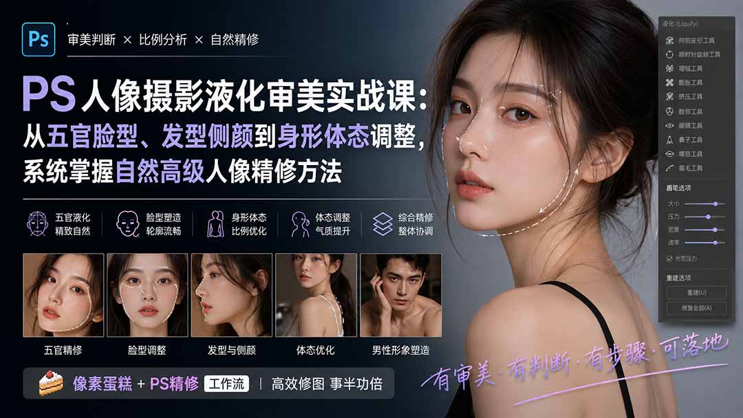 PS人像摄影液化审美实战课：从五官脸型、发型侧颜到身形体态调整，系统掌握自然高级人像精修方法-卿云社