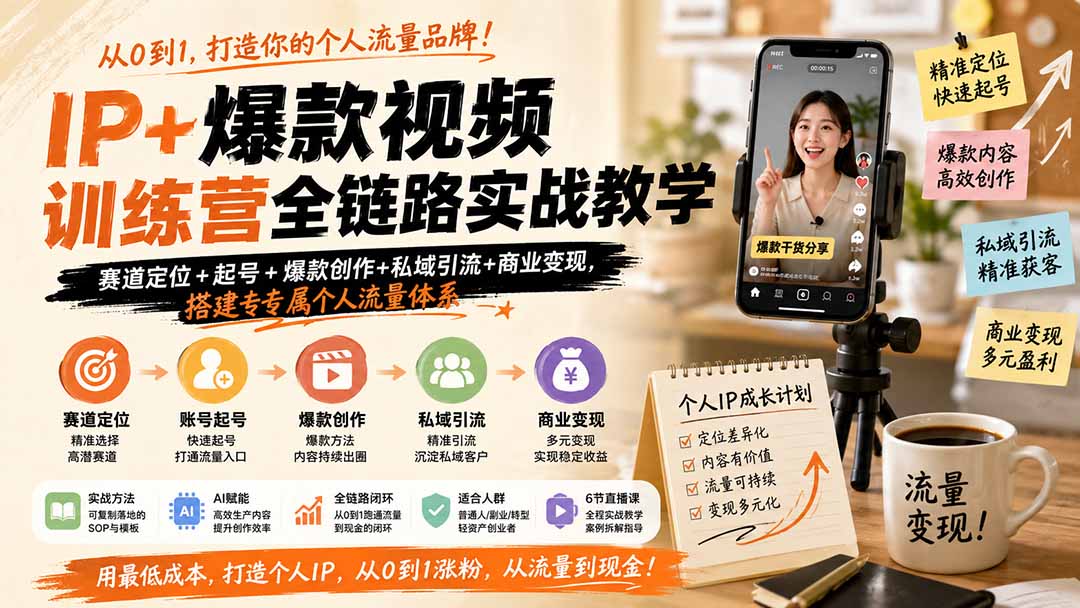 IP+爆款视频训练营全链路实战教学；赛道定位+起号+爆款创作+私域引流+商业变现，搭建专属个人流量体系-卿云社