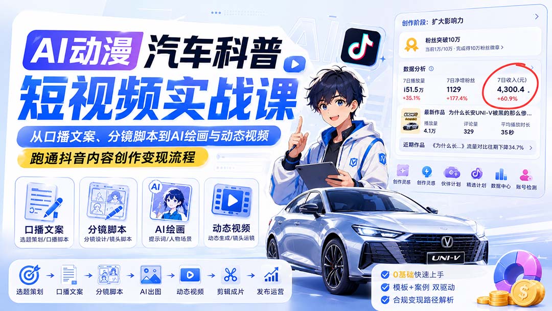 AI动漫汽车科普短视频实战课：从口播文案、分镜脚本到AI绘画与动态视频，跑通抖音内容创作变现流程-卿云社