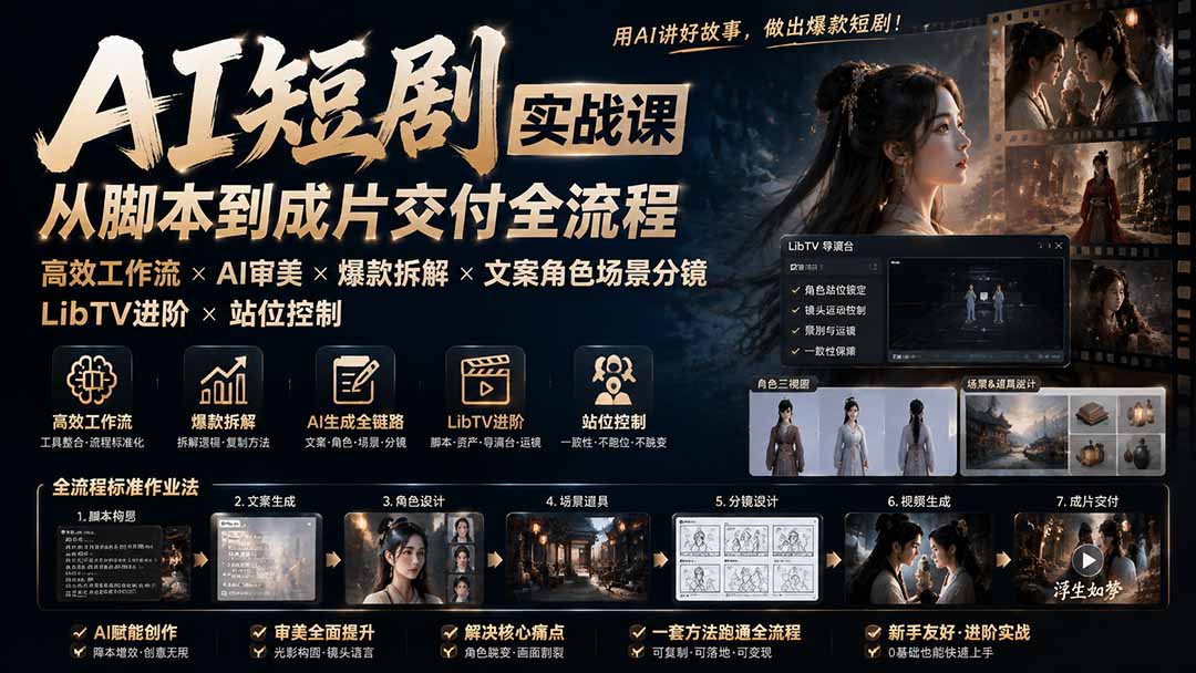 AI短剧实战课：高效工作流×AI审美×爆款拆解×文案角色场景分镜×LibTV进阶×站位控制×从脚本到成片交付全流程-卿云社