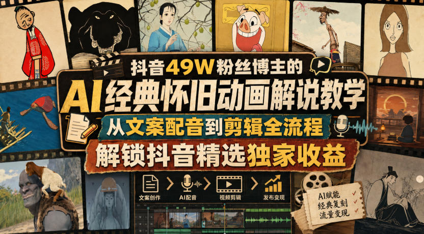 抖音49W粉丝博主的AI经典怀旧动画解说教学，从文案配音到剪辑全流程，解锁抖音精选独家收益-卿云社