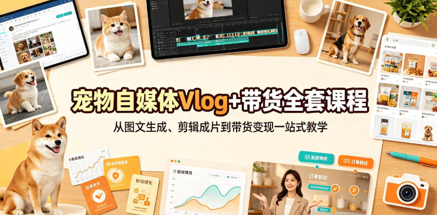 宠物自媒体Vlog+带货全套课程|从图文生成、剪辑成片到带货变现一站式教学-卿云社