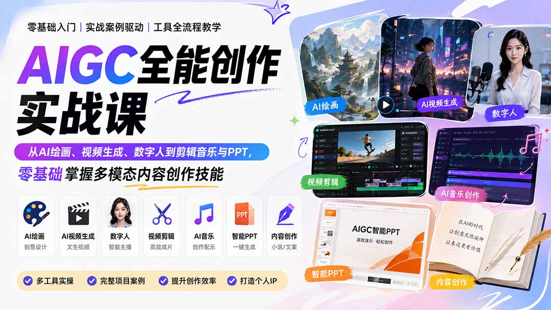 AIGC全能创作实战课：从AI绘画、视频生成、数字人到剪辑音乐与PPT，零基础掌握多模态内容创作技能-卿云社
