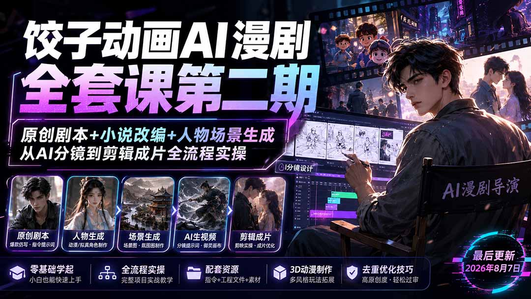 饺子动画AI漫剧全套课第二期：原创剧本+小说改编+人物场景生成，从AI分镜到剪辑成片全流程实操-卿云社