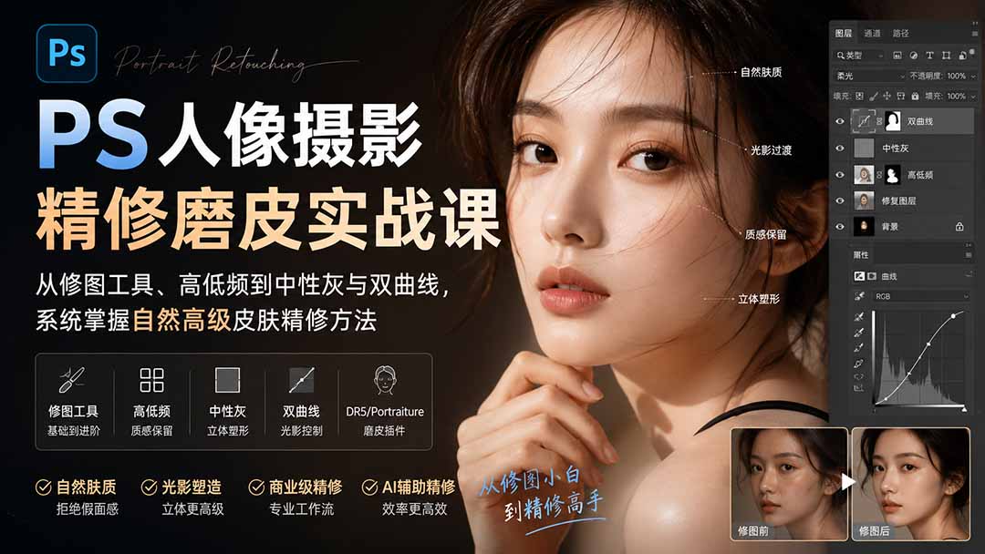PS人像摄影精修磨皮实战课：从修图工具、高低频到中性灰与双曲线，系统掌握自然高级皮肤精修方法-卿云社