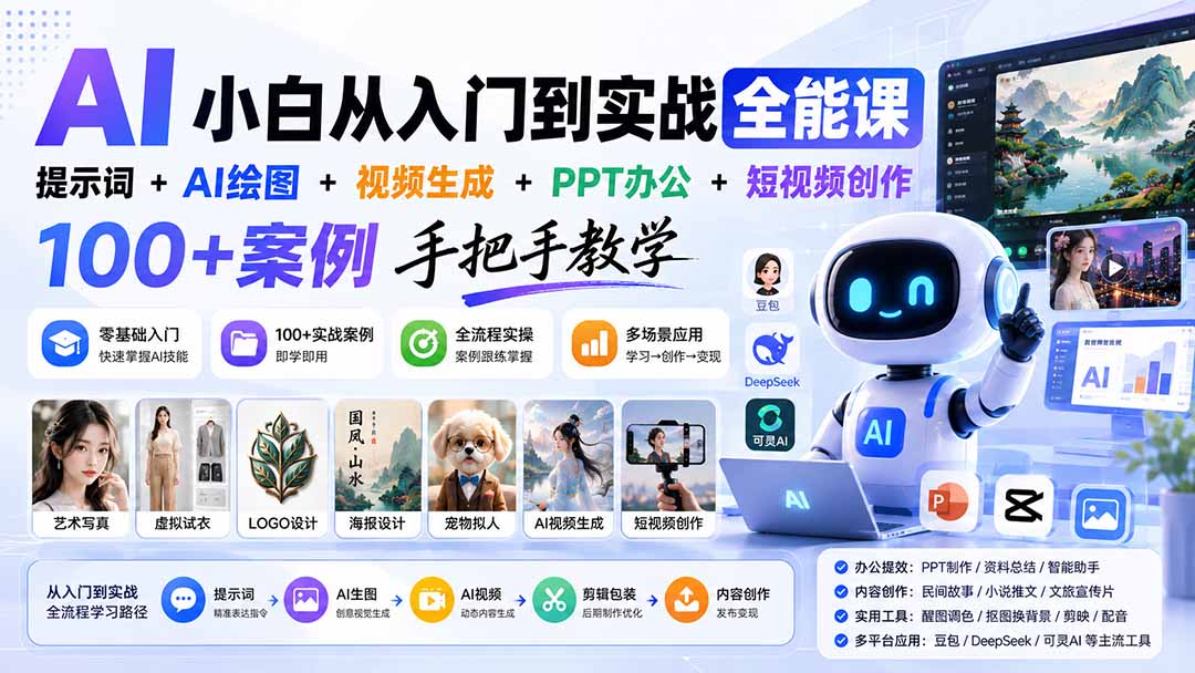 AI小白从入门到实战全能课：提示词+AI绘图+视频生成+PPT办公+短视频创作，100+案例手把手教学-卿云社