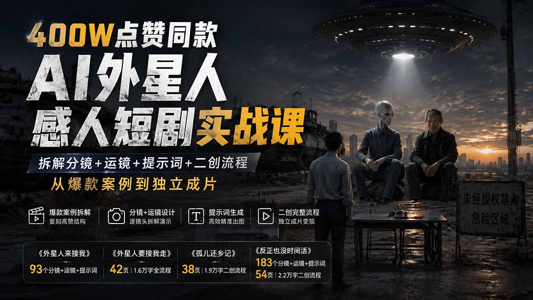 400W点赞同款AI外星人感人短剧实战课：拆解分镜+运镜+提示词+二创流程，从爆款案例到独立成片-卿云社