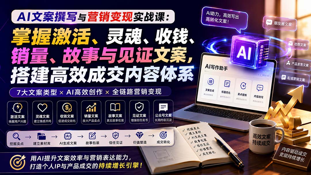 AI文案撰写与营销变现实战课：掌握激活、灵魂、收钱、销量、故事与见证文案，搭建高效成交内容体系-卿云社