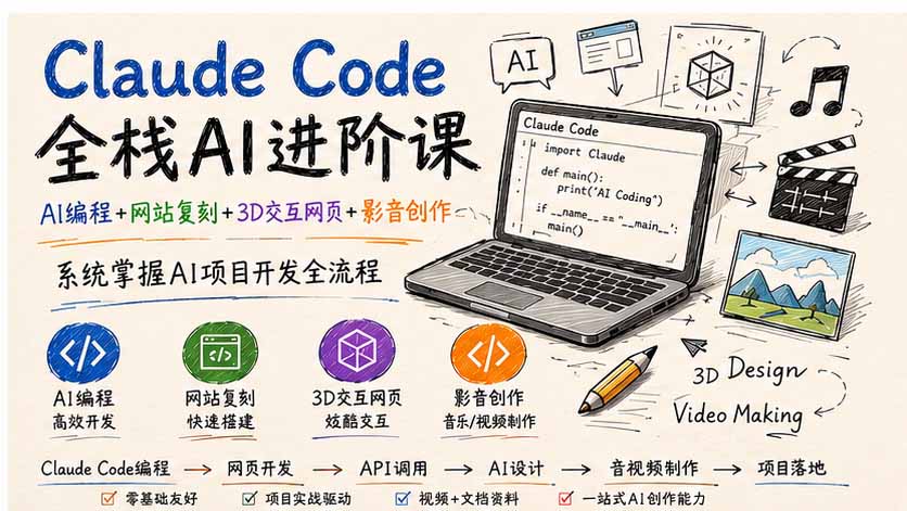 Claude Code全栈AI进阶课；AI编程+网站复刻+3D交互网页+影音创作，系统掌握AI项目开发全流程-卿云社