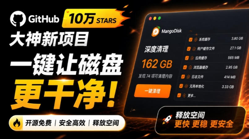 在Gtihub上做出10万stars的大神，又发布新项目了！一键让磁盘更干净，开源免费清理工具MangoDisk-卿云社