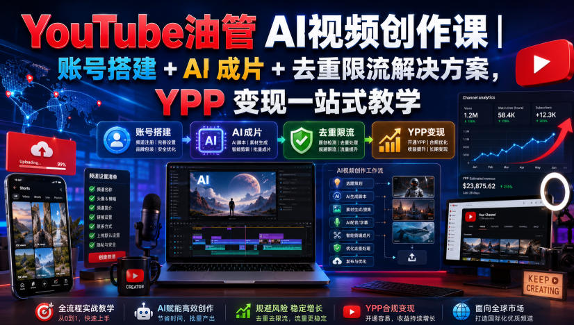 YouTube油管AI视频创作课｜账号搭建+AI成片+去重限流解决方案，YPP变现一站式教学-卿云社