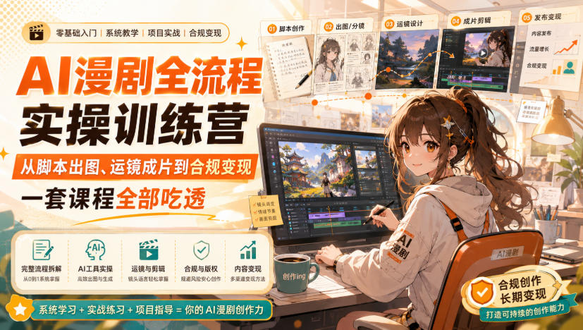 AI漫剧全流程实操训练营，从脚本出图、运镜成片到合规变现，一套课程全部吃透-卿云社