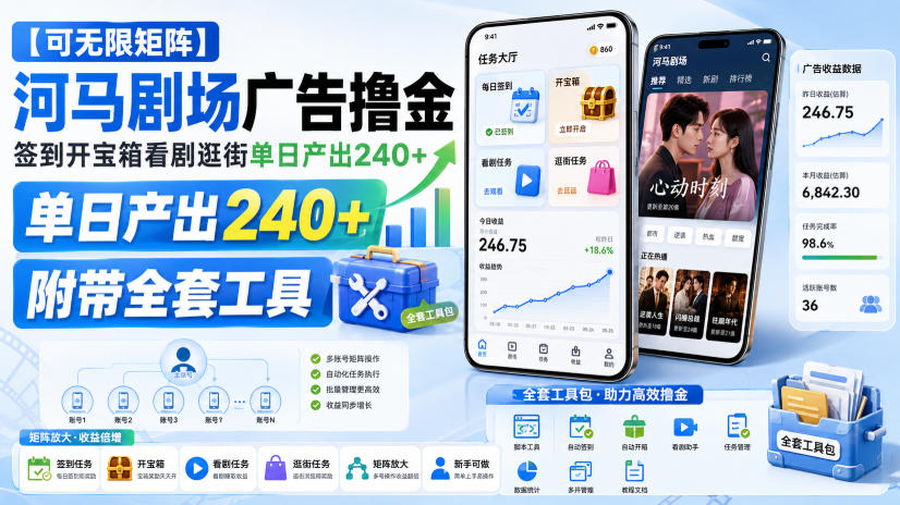 【可无限矩阵】河马剧场广告撸金，签到开宝箱看剧逛街单日产出240+，附带全套工具【揭秘】-卿云社