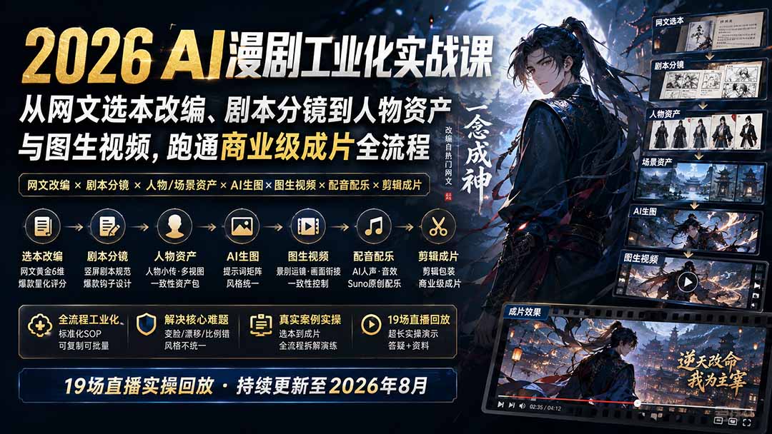 2026 AI漫剧工业化实战课-更新：从网文选本改编、剧本分镜到人物资产与图生视频，跑通商业级成片全流程-卿云社