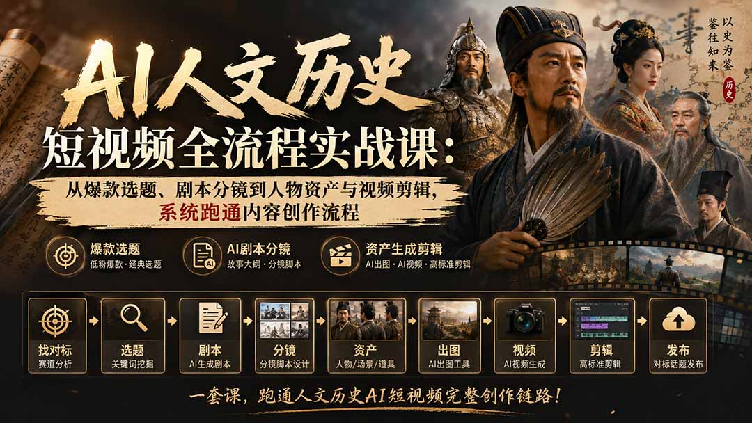 AI人文历史短视频全流程实战课：从爆款选题、剧本分镜到人物资产与视频剪辑，系统跑通内容创作流程-卿云社