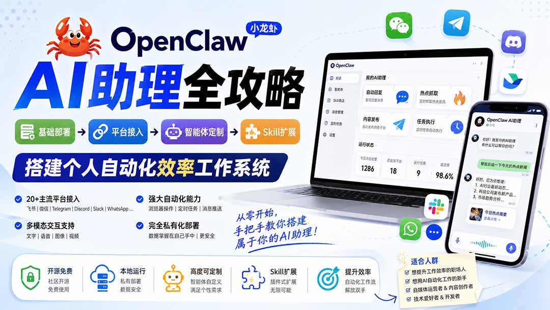 OpenClaw小龙虾 AI助理全攻略：基础部署→平台接入→智能体定制→Skill扩展，搭建个人自动化效率工作系统-卿云社
