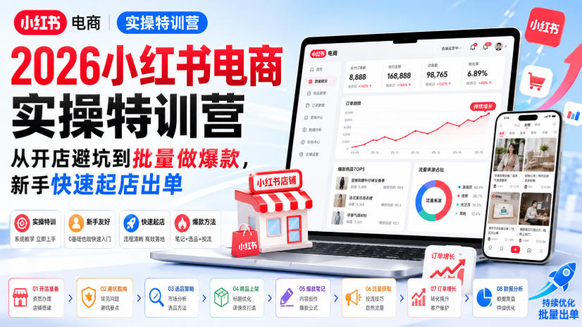 2026小红书电商实操特训营，从开店避坑到批量做爆款，新手快速起店出单-卿云社