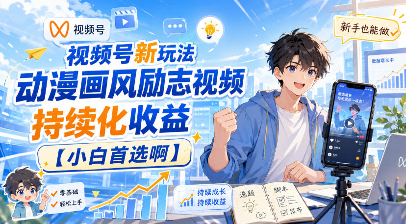 视频号新玩法动漫画风励志视频，持续化收益【小白首选啊】-卿云社