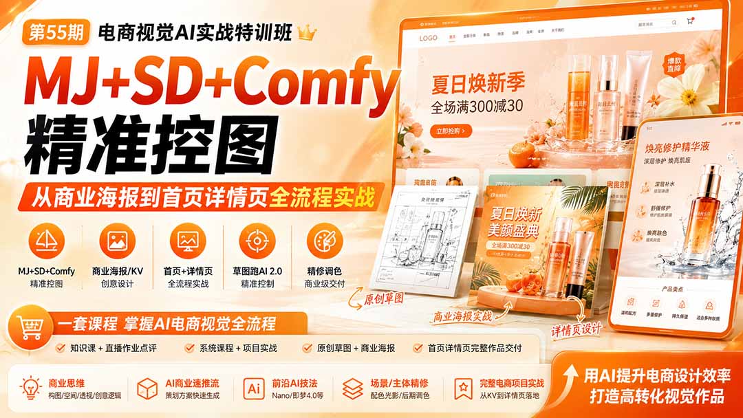 电商视觉 AI实战训练营第55期：MJ+SD+Comfy精准控图，从商业海报到首页详情页全流程实战-卿云社
