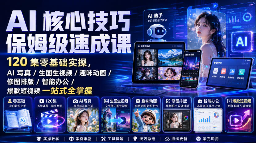 AI核心技巧保姆级速成课｜120集零基础实操，AI写真/生图生视频/趣味动画/修图排版/智能办公/爆款短视频一站式全掌握(更新)-卿云社
