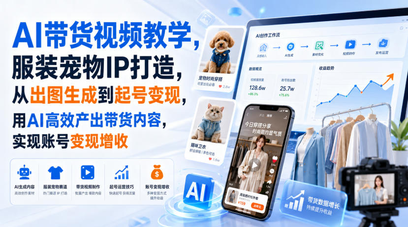 AI带货视频教学，服装宠物IP打造，从出图生成到起号变现，用AI高效产出带货内容，实现账号变现增收-卿云社