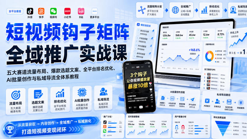 短视频钩子矩阵全域推广实战课|五大赛道流量布局、爆款选题文案、全平台排名优化、AI批量创作与私域导流全体系教程-卿云社