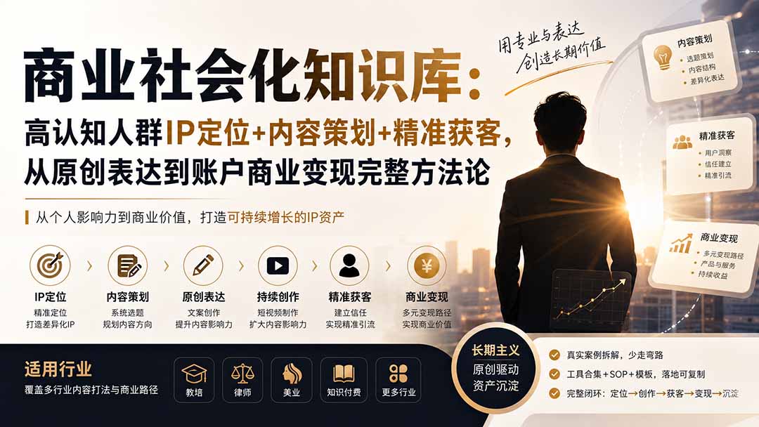 商业社会化知识库：高认知人群IP定位+内容策划+精准获客，从原创表达到账户商业变现完整方法论-卿云社